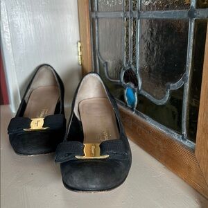 Salvatore Ferragamo Black suede Flats with Gold Accent